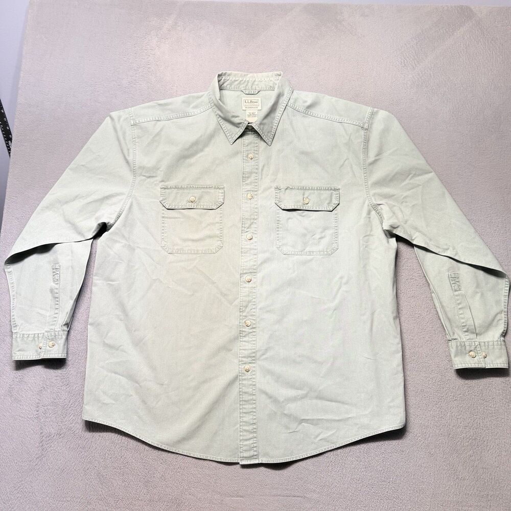 L.L.Bean Traditional Fit Mens XL Long Sleeve Button Shirt Green Field Workwear